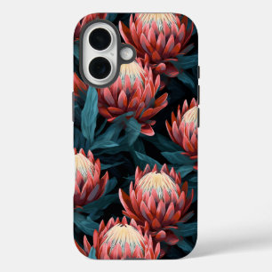 Coques iPhone 16 Corail foncé Gras Protea Floral dur