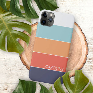 Coque iPhone 15 Mini Corail orange bleu foncé vert personnalisé rayures