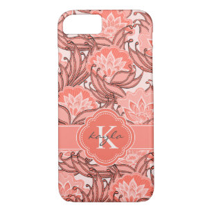 Coques Pour iPhone Corail tropicale motif floral avec Monogramme