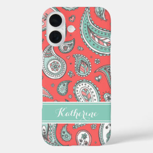 Coques iPhone 16 Coral Bohemian Paisley Monogramme personnalisé