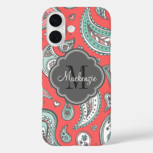 Coques iPhone 16 Coral Bohemian Paisley Monogramme personnalisé