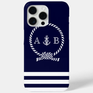 Coque iPhone 15 Pro Max Cordon bleu marine et Ancre monogrammé