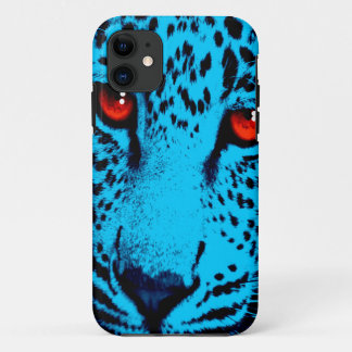 Coque iPhone 11 Corey Tiger 80s Néon Visage Léopard (Bleu Sarcelle