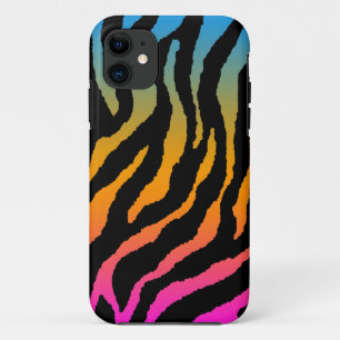 Coque iPhone 11 Corey Tiger 80s Rayures Tigre Néon (Arc-en-ciel Né