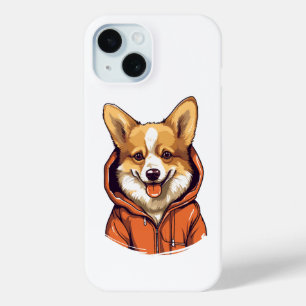 Coque Pour iPhone 15 Corgi Drôle Portant un Sweat à Capuche