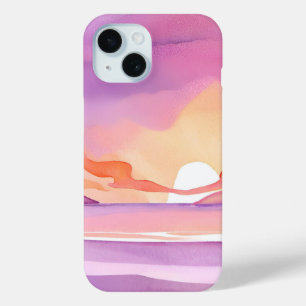 Coque Pour iPhone 15 Coucher de soleil aquarelle rose Beau ciel océan