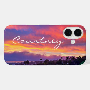 Coques iPhone 16 Coucher de soleil bleu rose nuages nom personnalis