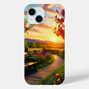 Coque Pour iPhone 15 Coucher de soleil dans la montagne avec Pommier Te