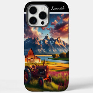 Coques iPhone 16 Pro Max Coucher de soleil du tracteur dans les montagnes