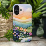 Coques iPhone 16 Coucher de soleil floral moderne tendance Nom pers<br><div class="desc">Coucher de soleil floral moderne tendance Personnalisé Nom iPhone 16 Coques dispose d'un look feutré fleurs dans un pré avec le coucher de soleil dans l'arrière - plan et personnalisée avec votre nom ci-dessous. Personnalisez en modifiant le texte dans les zones de texte fournies. Conçu par ©2024 Evco Studio www.zazzle.com/store/evcostudio...</div>