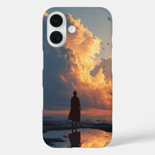 Coques iPhone 16 Coucher de soleil Solitude : Femme en robe rouge