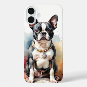 COQUES iPhone 16 PLUS COULEUR D'EAU NOIR & BLANC BOSTON TERRIER CHIEN