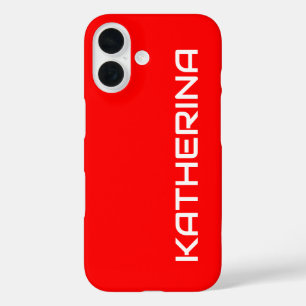 Coques iPhone 16 Couleur solide rouge Nom blanc classique