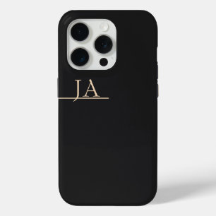 Coque iPhone 15 Pro Couleur unie noir de nuit Abricot beige Initiales