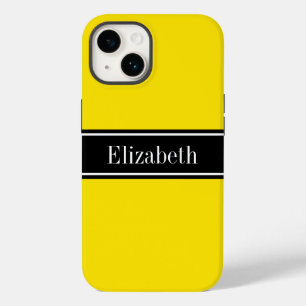 Coque Pour iPhone 14 Couleurs DIY Jaune, Ruban Noir Nom Monogramme S