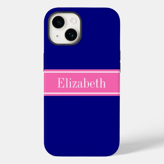 Coques Case-Mate iPhone Couleurs DIY Navy, Ruban Rose Chaud Monogramme S (Verso)
