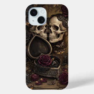 Coque Pour iPhone 15 Couple de squelettes gothiques Romance sombre Rose