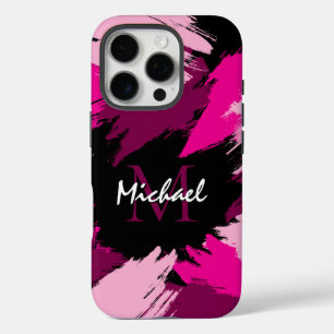 Coques iPhone 16 Pro Coups de pinceau nuances de rose chaud nom avec mo