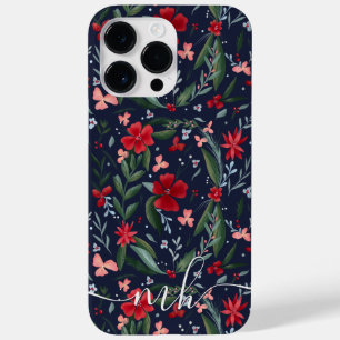 Coque Pour Pour iPhone 14 Pro Max Courbe rouge vert fleuri motif monogramme hivernal