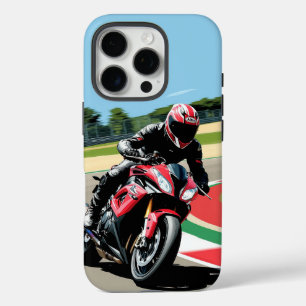 Coques iPhone 16 Pro Coureur de moto de sport filant le long d'une côte