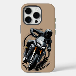 Coques iPhone 16 Pro Coureur de moto sportive minimaliste dans un envir
