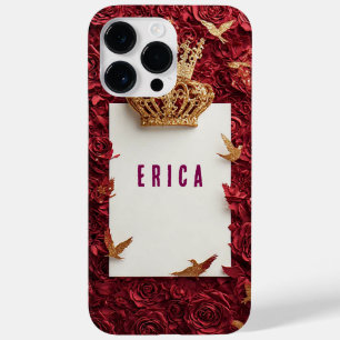 Coque Pour Pour iPhone 14 Pro Max Couronne dorée sur fond rouge entourée de roses