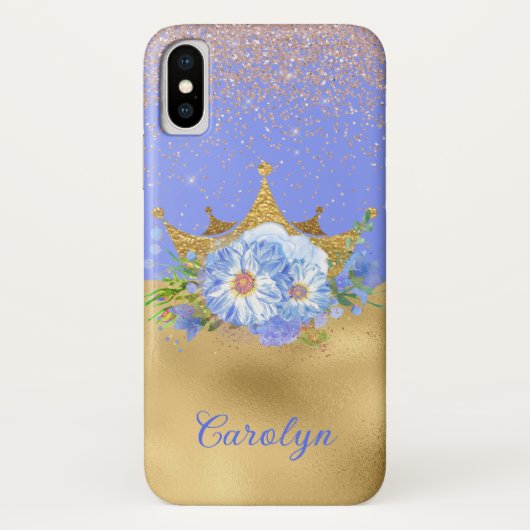 Coques Case-Mate iPhone Couronne florale bleu chic et or (Dos)