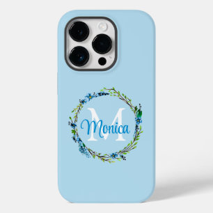 Coque Pour iPhone 14 Pro Couronne florale bleue avec monogramme