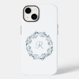 Coque Pour iPhone 14 Couronne florale de monogramme bleu gris blanc