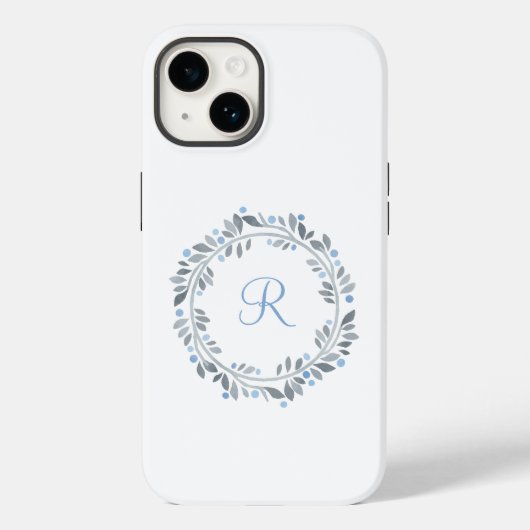 Coques Case-Mate iPhone Couronne florale de monogramme bleu gris blanc  (Verso)