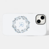 Coques Case-Mate iPhone Couronne florale de monogramme bleu gris blanc  (Verso (horizontal))