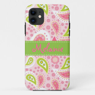 Coque iPhone 11 Coutume rose et verte de monogramme d'iPhone de