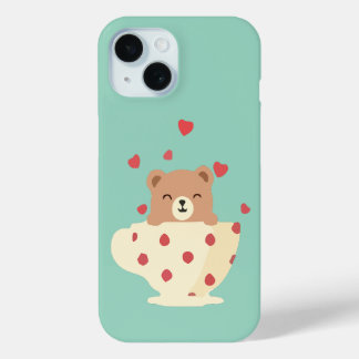 Coque Pour iPhone 15 Cozy Smiling Teddy Bear in Polka Dot Teacup
