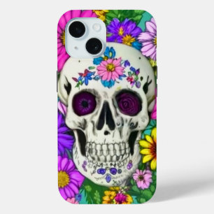 Coque Pour iPhone 15 crâne coloré avec des fleurs 
