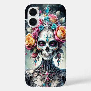 Coques iPhone 16 Crâne de Santa Muerte recouvert de fleurs colorées