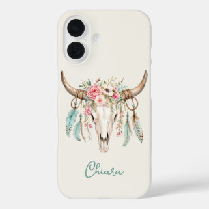 Coques iPhone 16 Crâne de vache floral aquarelle Boho
