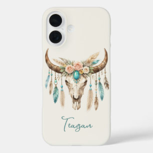 Coques iPhone 16 Crâne de vache floral aquarelle Boho Chic
