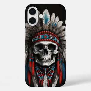 Coques iPhone 16 Plus Crâne en chef amérindien avec coiffure