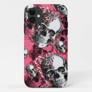 Coque iPhone 11 Crâne et roses à peine là je téléphone le cas