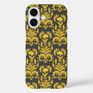 Coques iPhone 16 Crâne flamme Damas en moody jaune sur gris foncé
