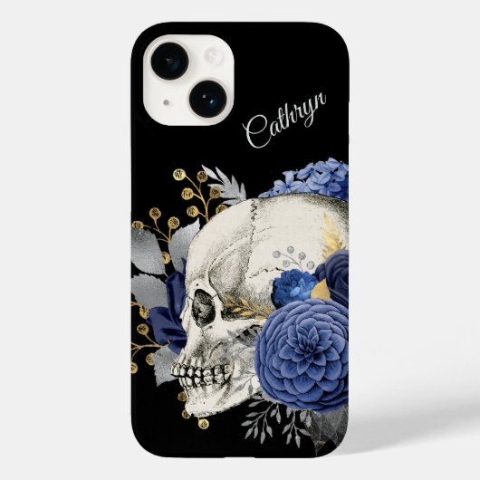Coques Case-Mate iPhone Crâne floral bleu personnalisé (Verso)