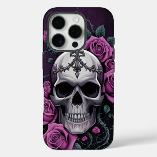 Coques iPhone 16 Pro Crâne gothique avec Roses violets