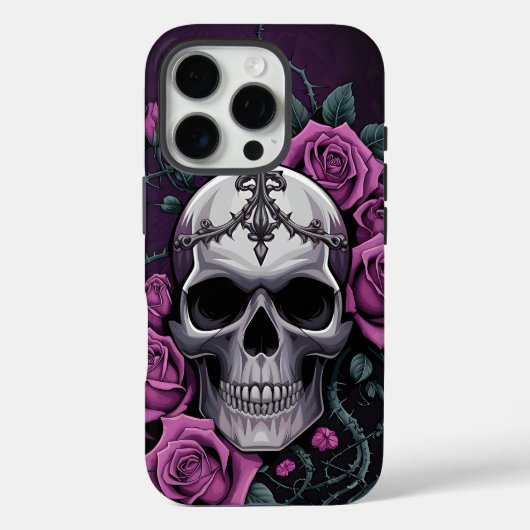 Coques Case-Mate iPhone Crâne gothique avec Roses violets (Verso)