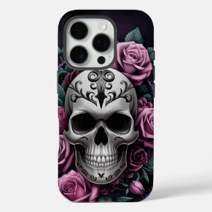 Coques iPhone 16 Pro Crâne gothique avec Roses violets
