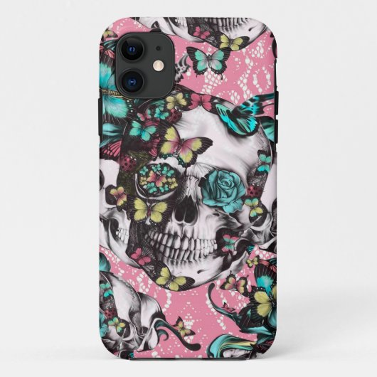 Coques Case-Mate iPhone Crâne rose floral avec des papillons (Dos)