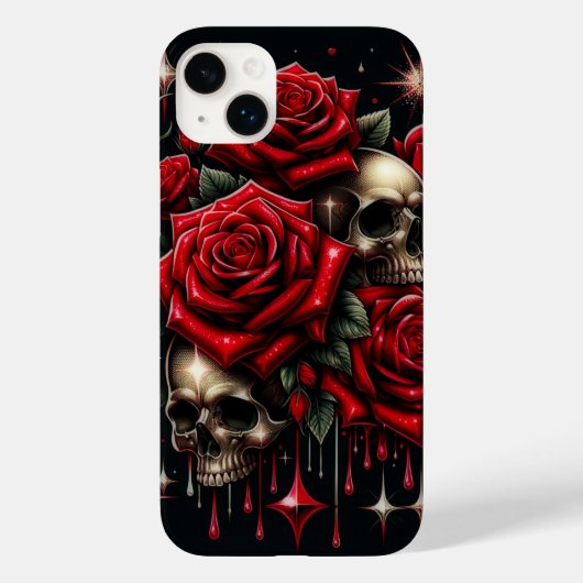 Coques Case-Mate iPhone Crânes dorés et roses rouges scintillent de glamou (Verso)