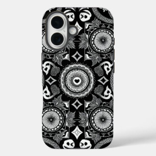 Coques iPhone 16 Crânes et mandalas ornementaux (noir et blanc)