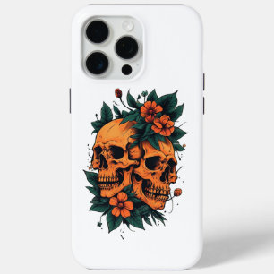 Coque iPhone 15 Pro Max Crânes Jumeaux aux Florales Orange Gothique