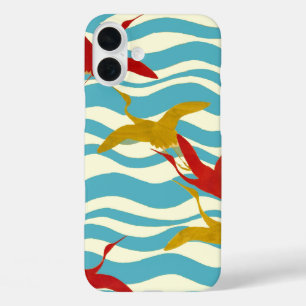COQUES iPhone 16 PLUS CRANES ROUGES JAUNES VOLANT SUR DES VAGUES BLANCHE
