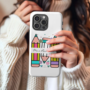 Coque Pour iPhone 14 Crayon de nom d'enseignant de dessin animé coloré